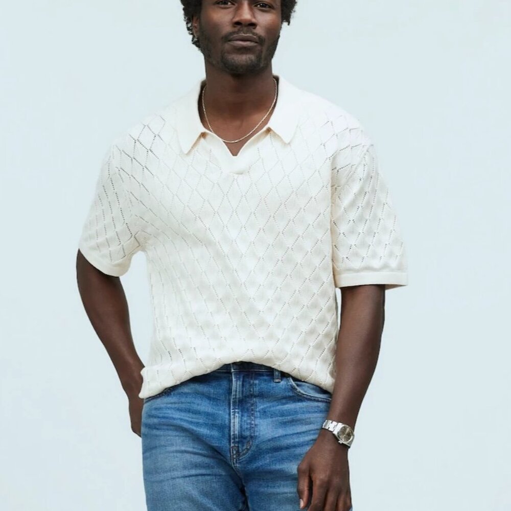 Madewell Mens Johnny Collar Sweater Polo Shirt in Diamond Stitch